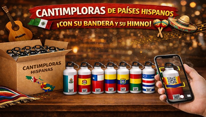 Cantimploras de Países Hispanos con Bandera y Himno