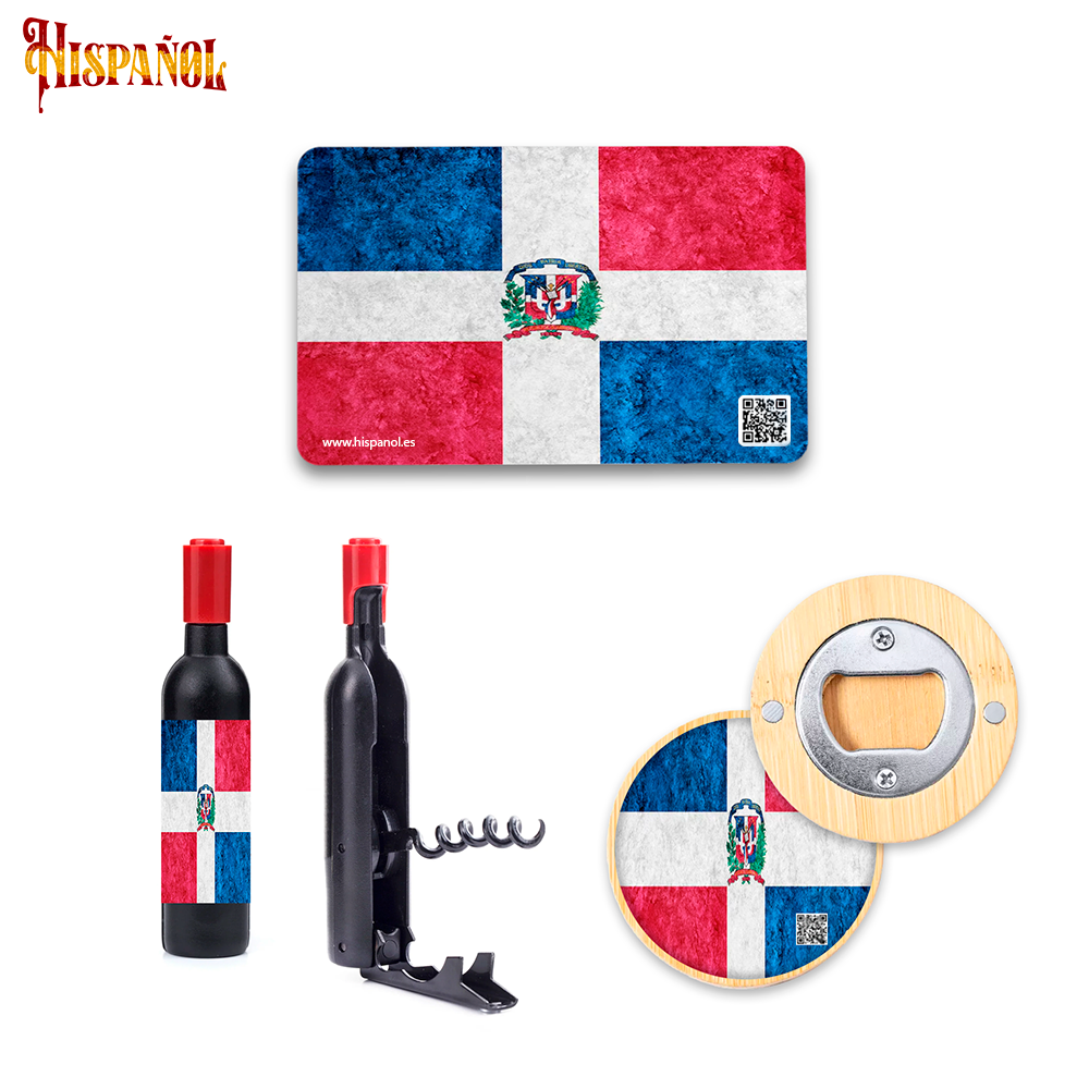 Pack Cocina República Dominicana - Sacacorchos + Imán + Abrebotellas con forma botella