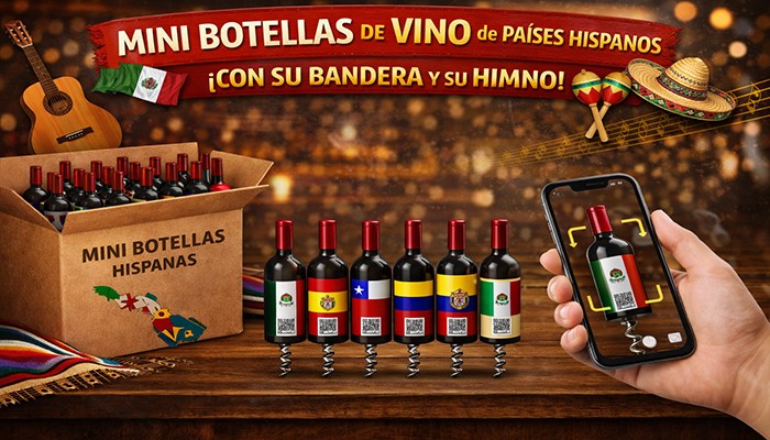 Mini Botellas de Vino Sacacorchos de Países Hispanos con Bandera y Himno