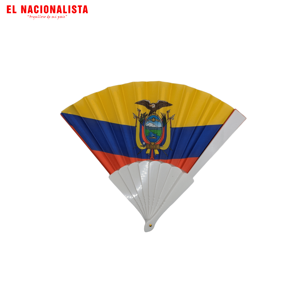 Abanico Plegable de Ecuador – Abanico de Animación Tricolor con Escudo Nacional Oficial y Varillaje Blanco