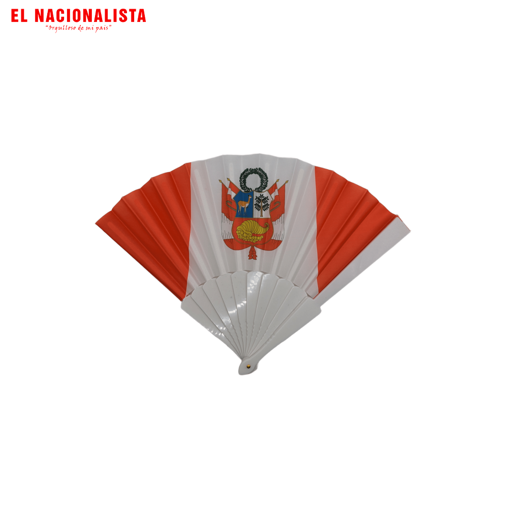 Abanico Plegable de Perú – Abanico de Animación con Bandera Blanquirroja, Escudo Nacional y Varillaje Blanco