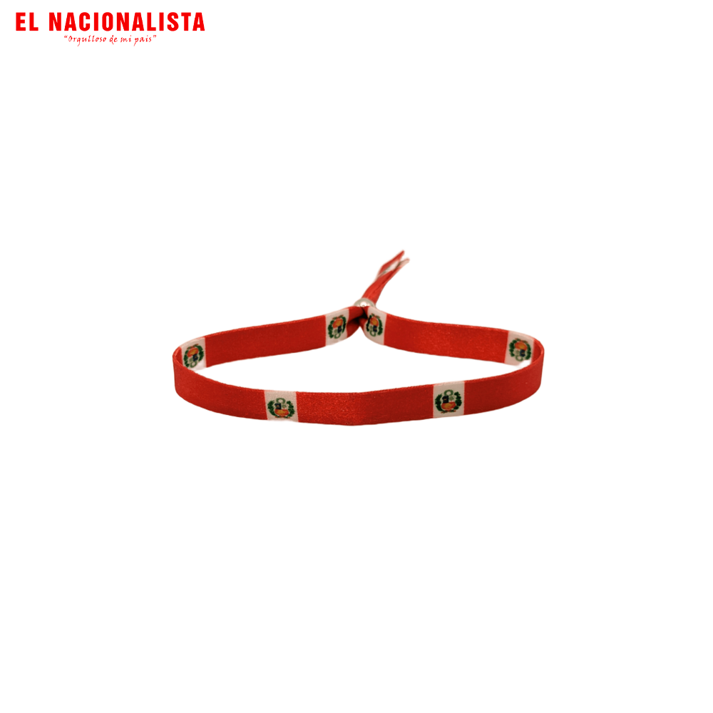 Pulsera de Tela de Perú – Pulsera Blanquirroja con Escudo Nacional Estampado y Cierre de Nudo