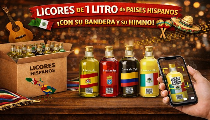 Licores de 1 Litro de Países Hispanos con Bandera y Himno